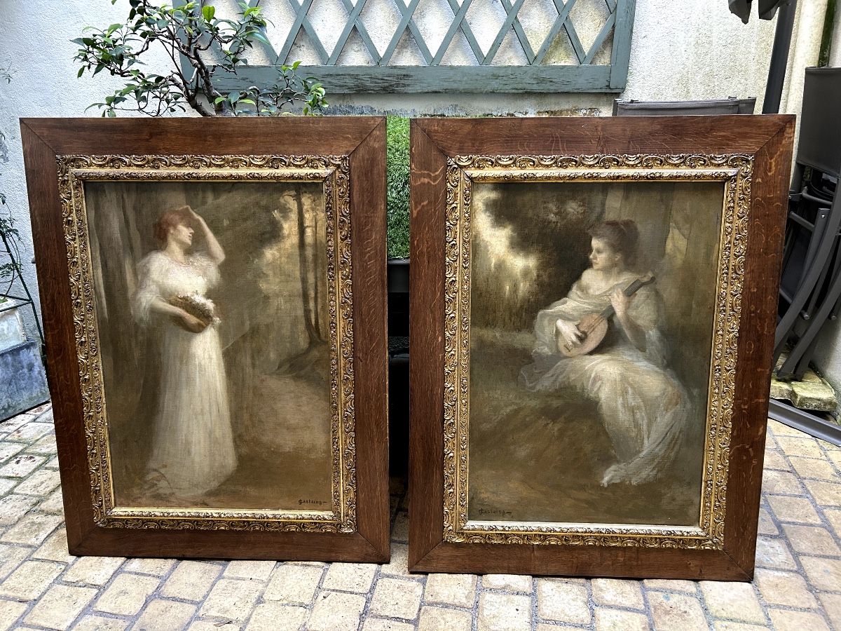 Pair Of Large Paintings By Joseph Castaing (1860-1918) Allegory Of "music And Theatre"