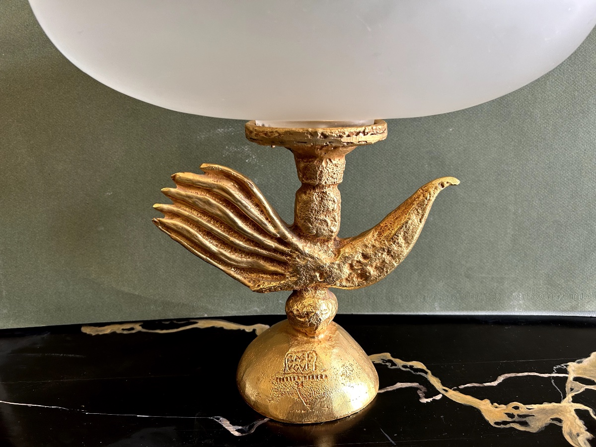 Large Bowl By Pierre Casenove For Editions Fondica In Gilded Bronze And Satin Glass-photo-3