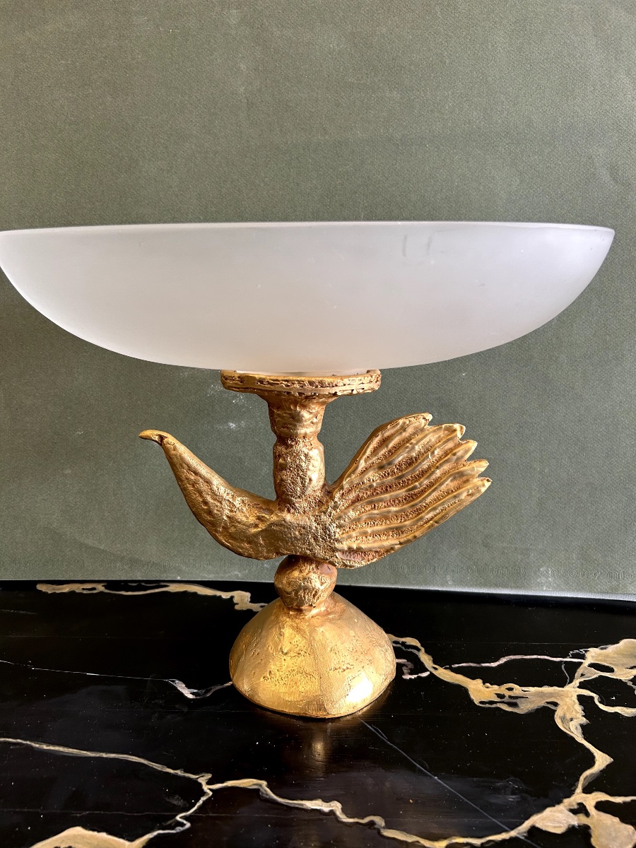 Large Bowl By Pierre Casenove For Editions Fondica In Gilded Bronze And Satin Glass-photo-4