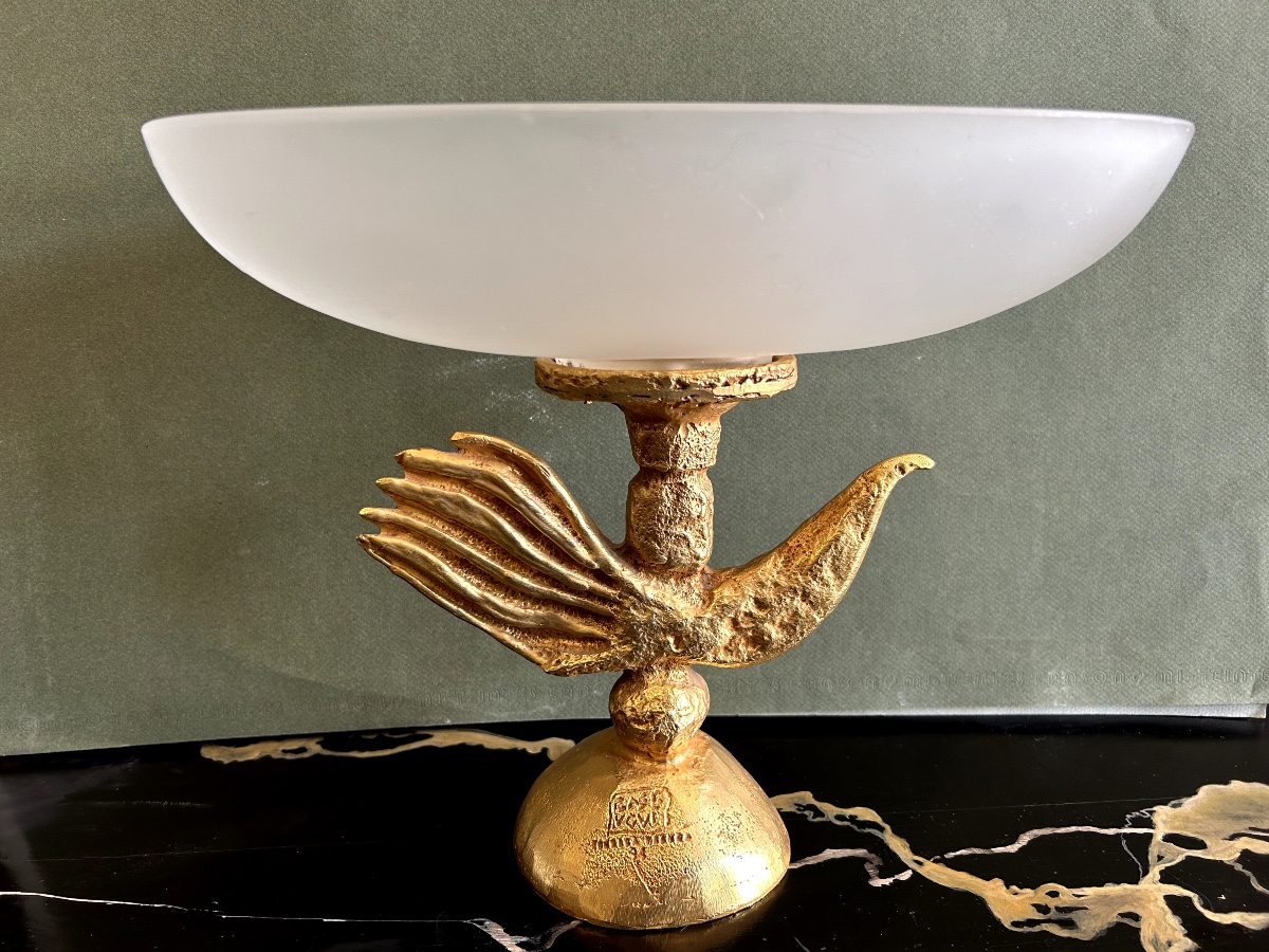 Large Bowl By Pierre Casenove For Editions Fondica In Gilded Bronze And Satin Glass