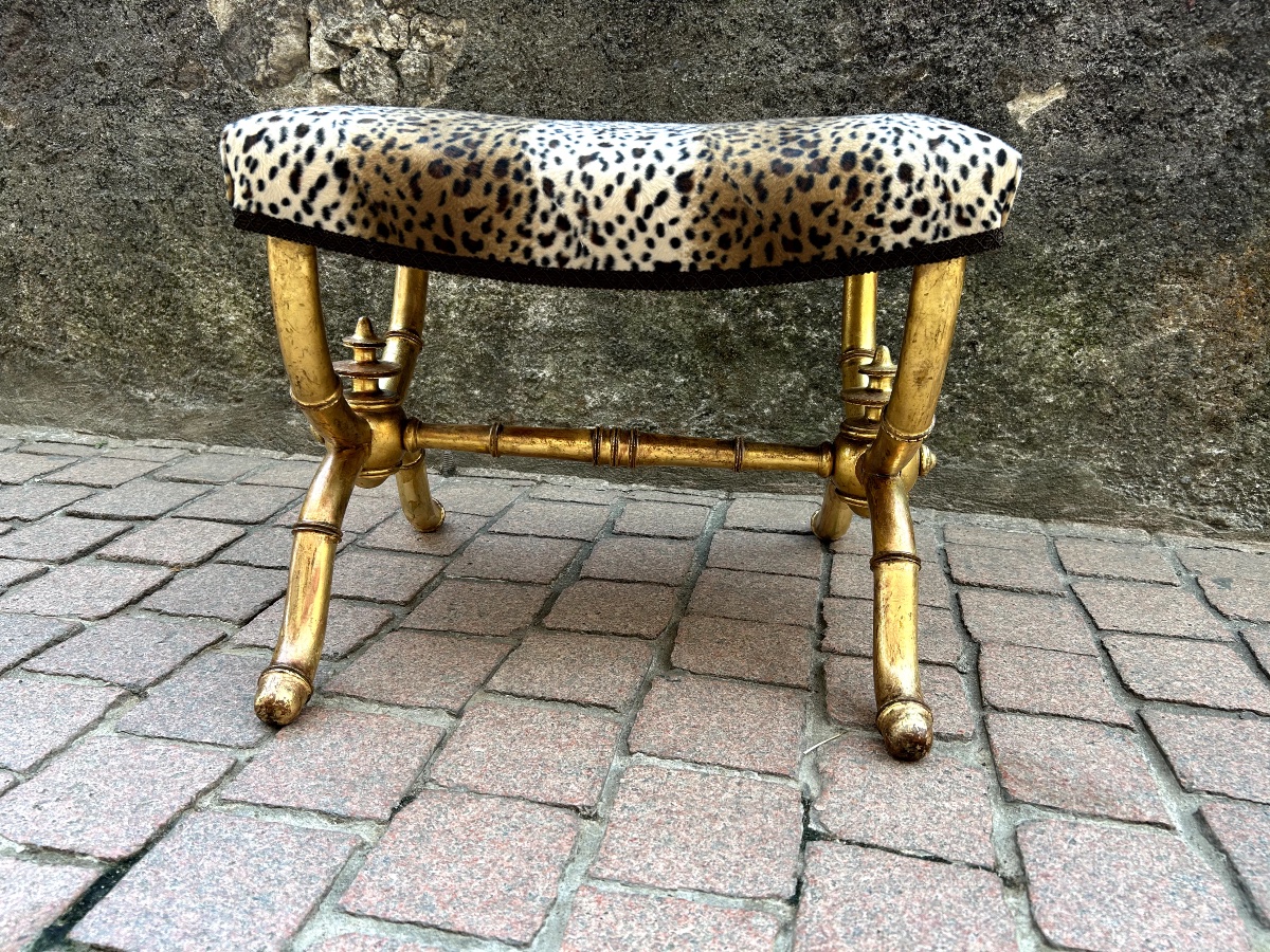 Gilded Wooden Curule Chair With Bamboo-style Turned Legs, Late 19th Century-photo-2