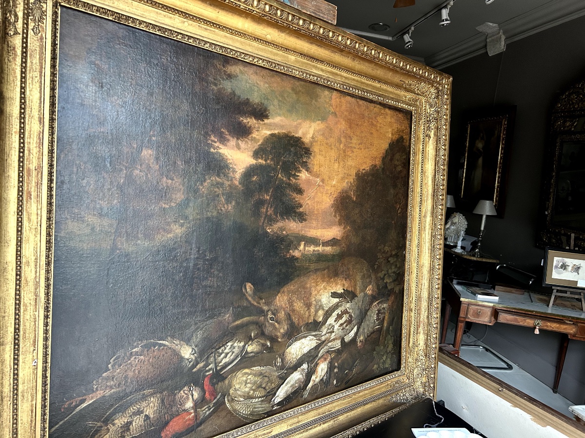 Grande Nature Morte aux Gibiers "Tableau de Chasse" dans un Paysage. Fin du XVIIème Siècle-photo-2