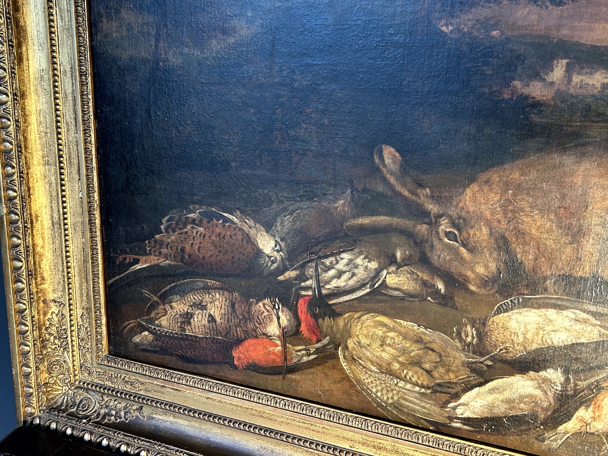 Grande Nature Morte aux Gibiers "Tableau de Chasse" dans un Paysage. Fin du XVIIème Siècle-photo-3