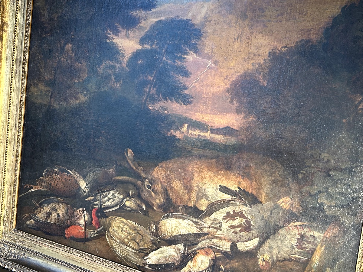 Grande Nature Morte aux Gibiers "Tableau de Chasse" dans un Paysage. Fin du XVIIème Siècle-photo-4