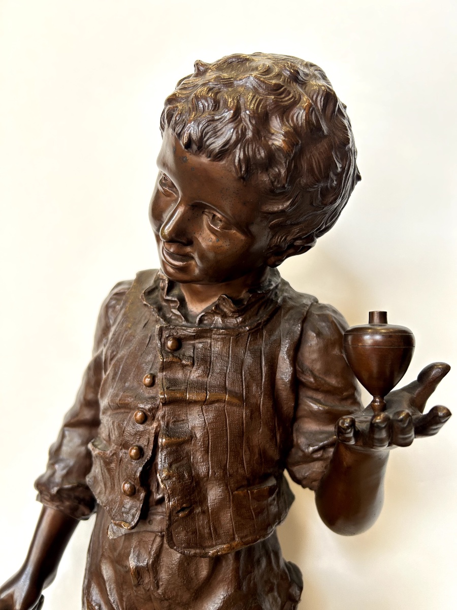Bronze Statue Of A Boy Playing With A Spinning Top. Sculptor: Charles Anfrie (1833–1905)-photo-3