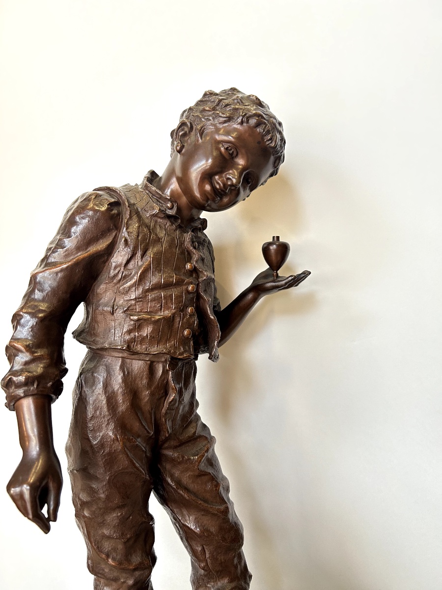 Bronze Statue Of A Boy Playing With A Spinning Top. Sculptor: Charles Anfrie (1833–1905)-photo-3