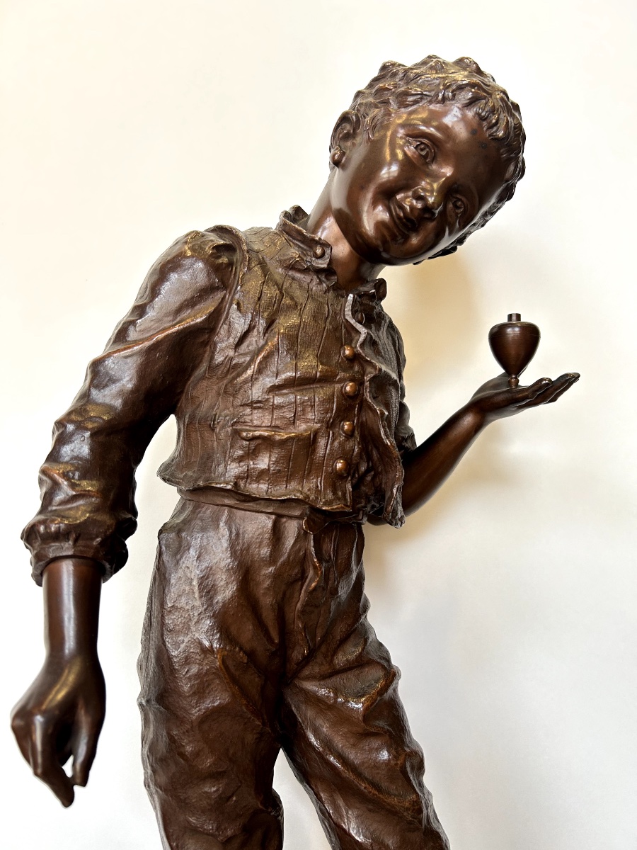 Bronze Statue Of A Boy Playing With A Spinning Top. Sculptor: Charles Anfrie (1833–1905)