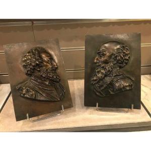 Paire De Bas Reliefs En Bronze Du XIXeme Siècle Représentant Le Roi Henri IV Et Sully