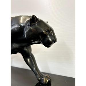 Grande Panthère Noire, Sculpture Animalière  en Bronze , époque Art Déco