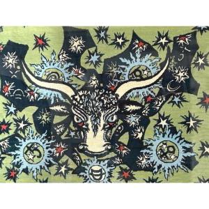 Tapisserie Canevas de Elie GREKOFF (1914-1985) " Le TAUREAU " signe astrologique  Epoque  1960