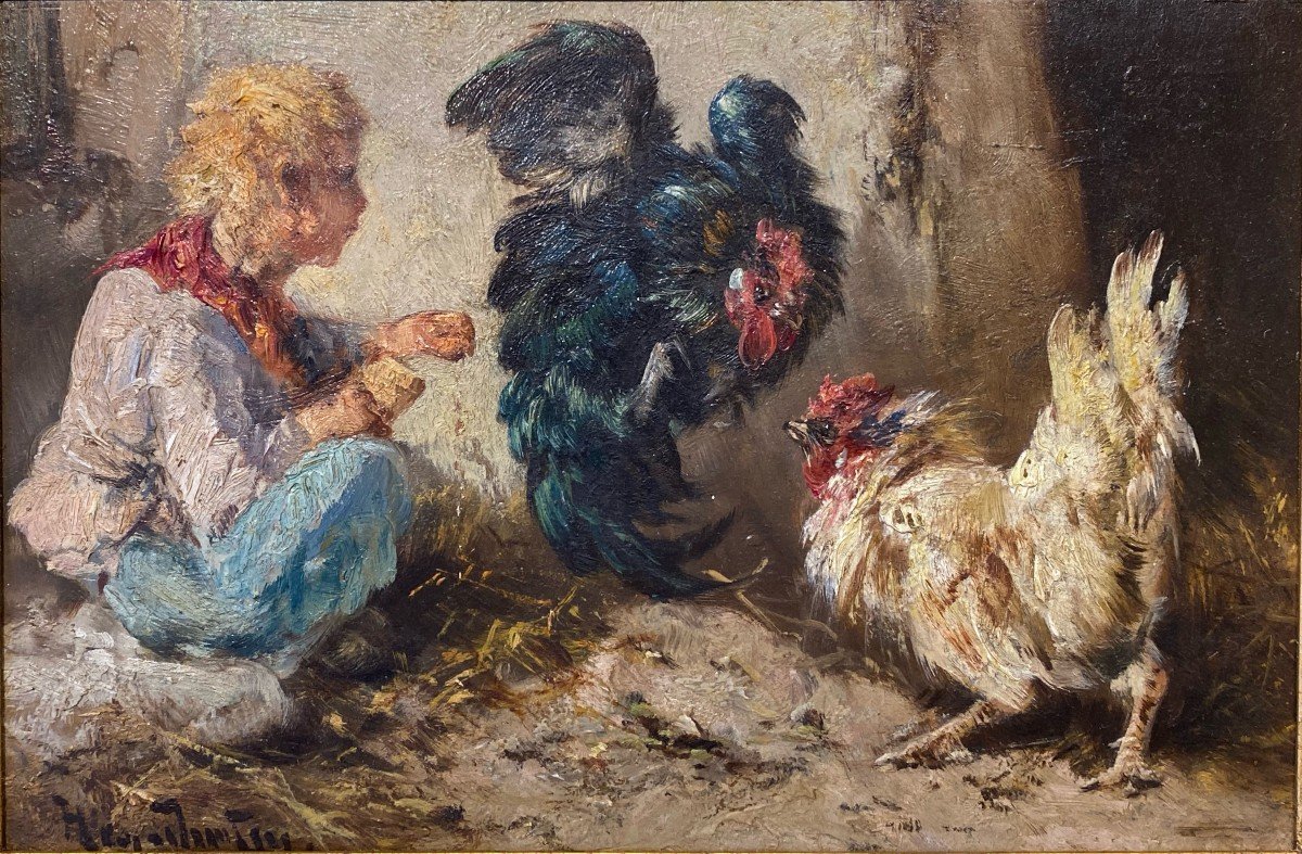 Henri Schouten (indonesia 1864 - Brussels 1927) - Little Boy With Chickens-photo-4