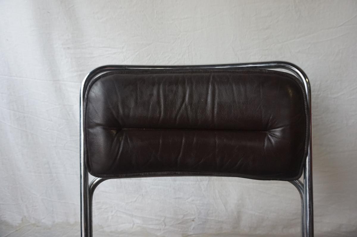 Suite 4 Chairs Chromed Metal And Black Leather-photo-4