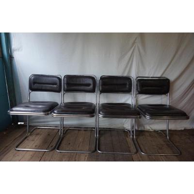 Suite 4 Chairs Chromed Metal And Black Leather