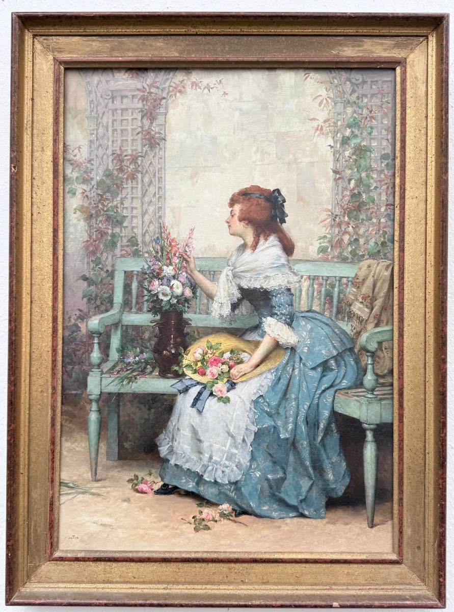 "elegant With A Bouquet" By Pierre Outin (1840-1899)