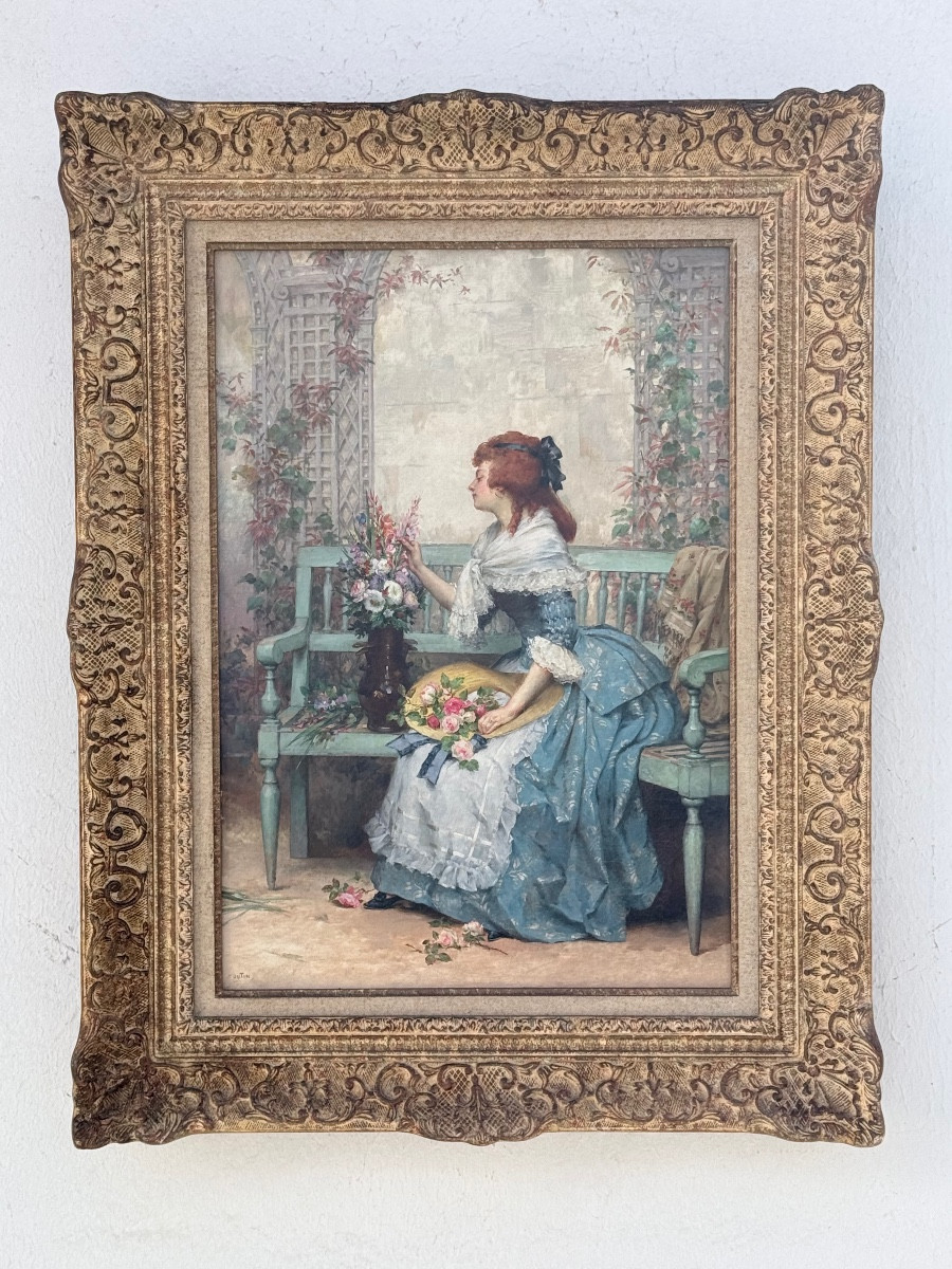 "elegant With A Bouquet" By Pierre Outin (1840-1899)