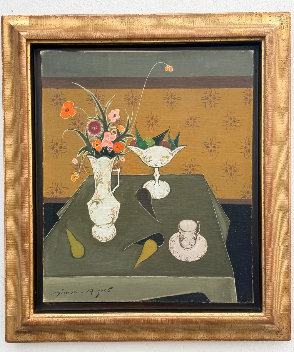 " Bouquet de fleurs et poires " Simon Auguste ( 1909 - 1987 )