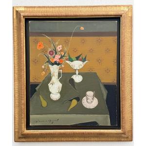 " Bouquet de fleurs et poires " Simon Auguste ( 1909 - 1987 )