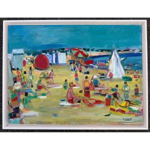 " Plage Animée "  Robert Savary ( 1920 - 2000 )