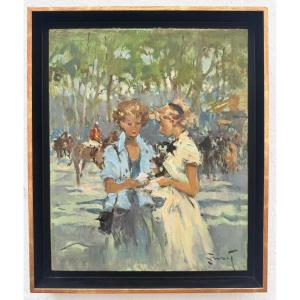 "  jeunes femmes au courses hippiques " Pierre Grisot ( 1911 - 1995 )