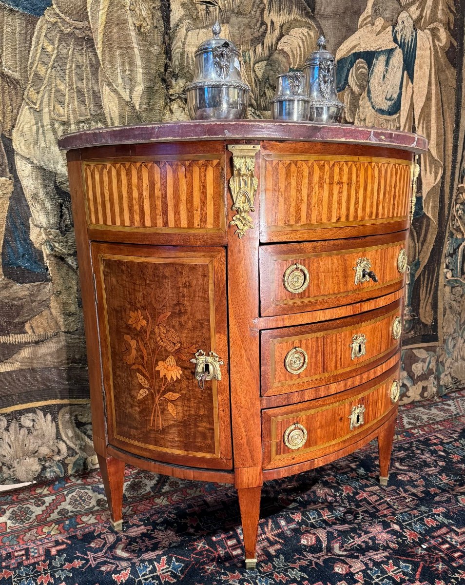 Louis XVI Half Moon Commode In Marquetry 19 Eme
