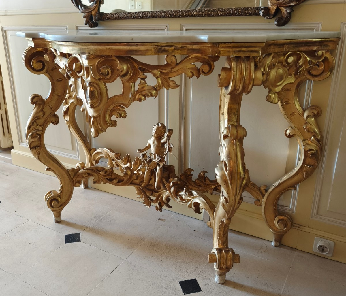Italian Giltwood Console With 4 Cherub Legs 