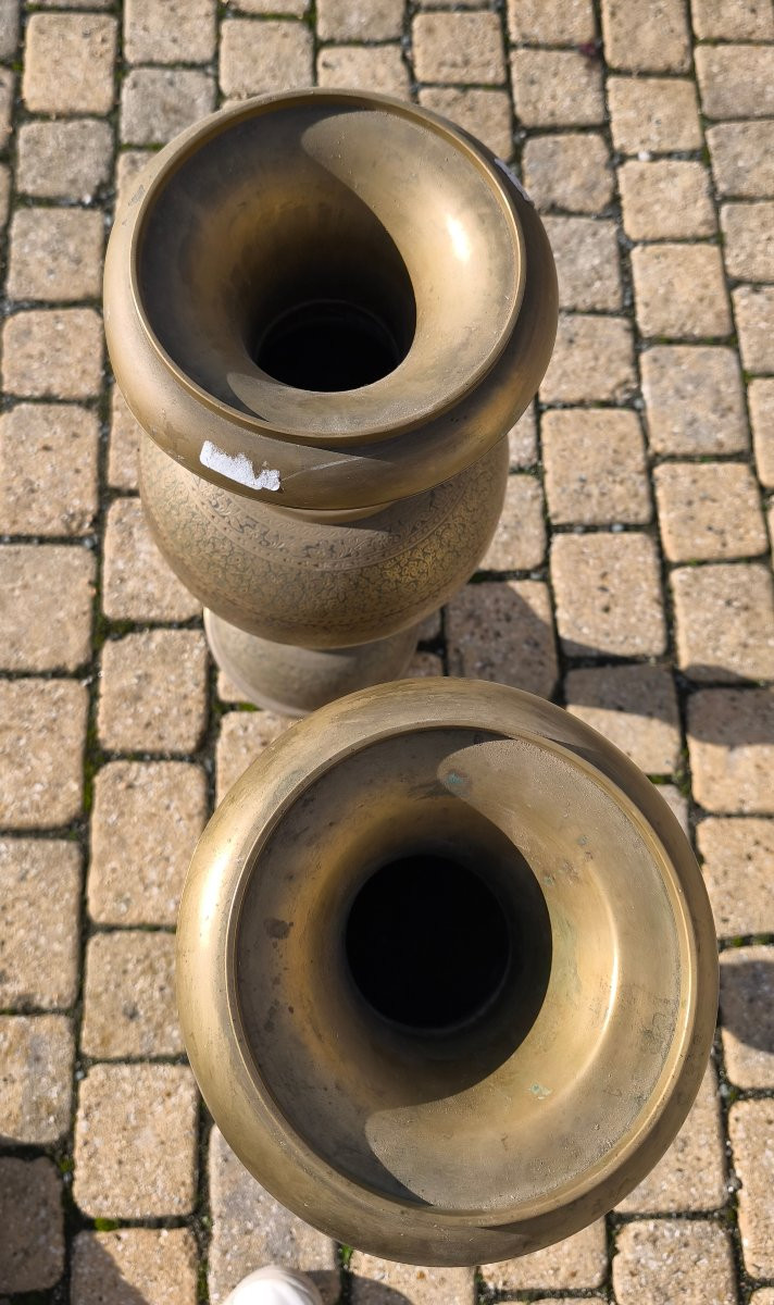 Paire de grand vases Médicis en bronze champlevé 19 ème siècle -photo-3