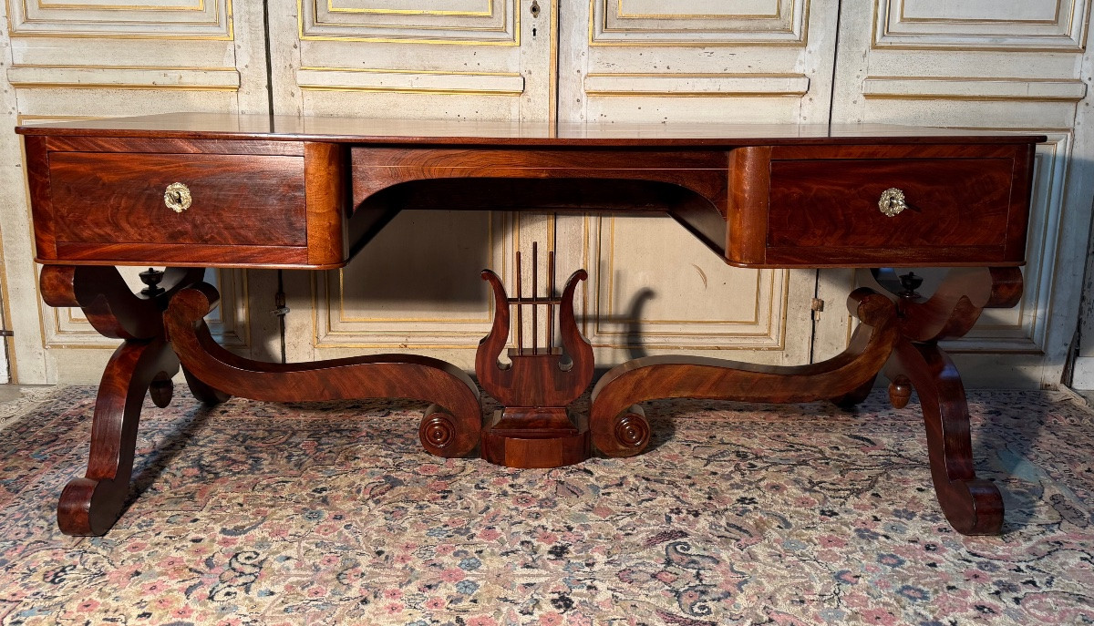 Grand bureau Empire Napoléon en acajou décor à la harpe -photo-2