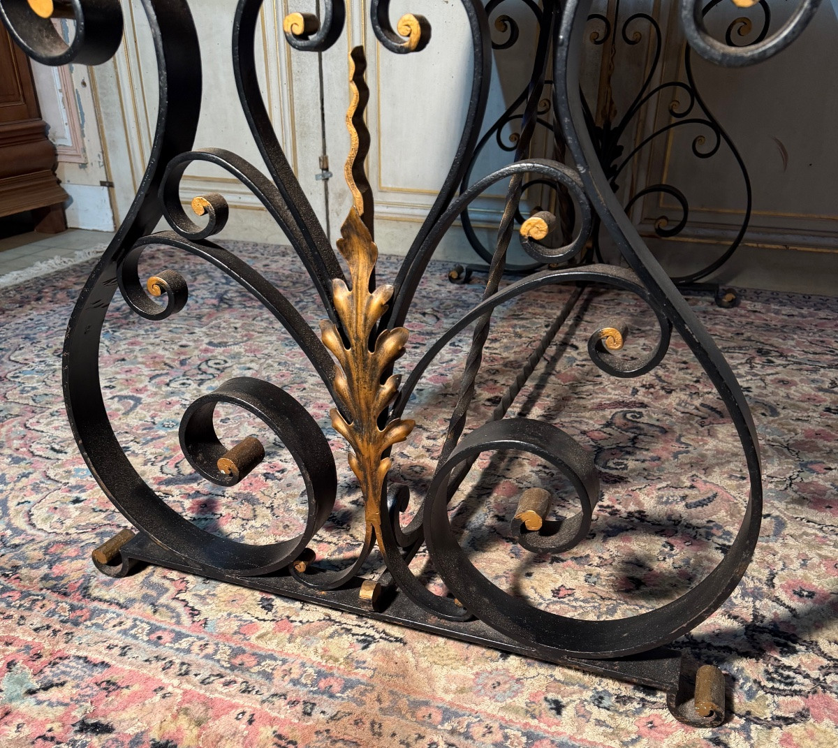 Dining Table With Wrought Iron Base And Marble Top -photo-2