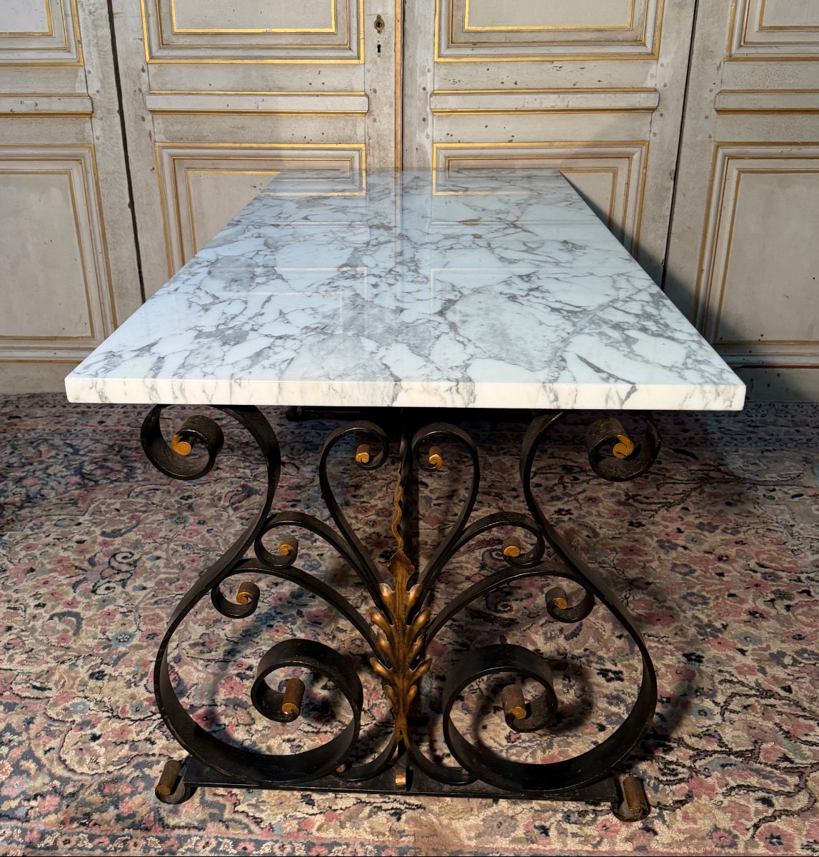 Dining Table With Wrought Iron Base And Marble Top 