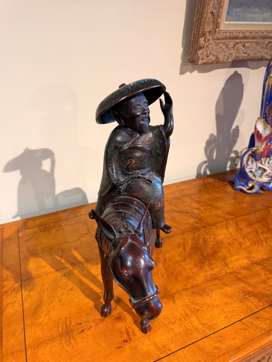Toba On His Mule Bronze And Cloisonné Enamel Japan Late 19th Century-photo-3