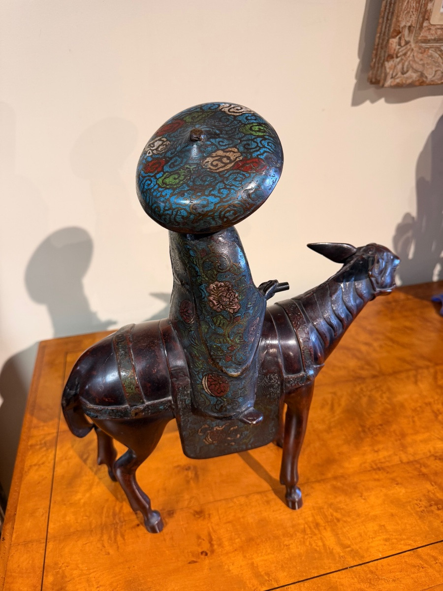 Toba On His Mule Bronze And Cloisonné Enamel Japan Late 19th Century-photo-4