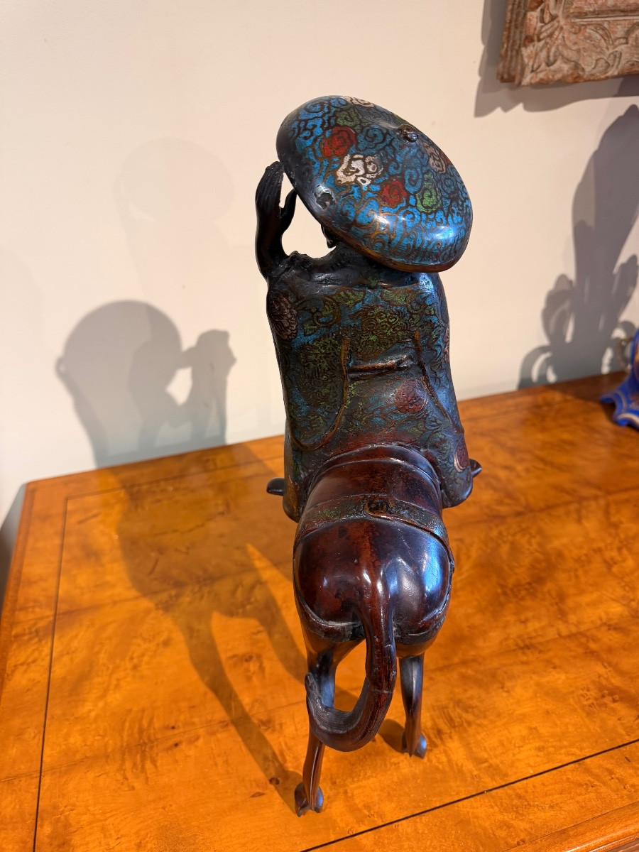 Toba On His Mule Bronze And Cloisonné Enamel Japan Late 19th Century-photo-1
