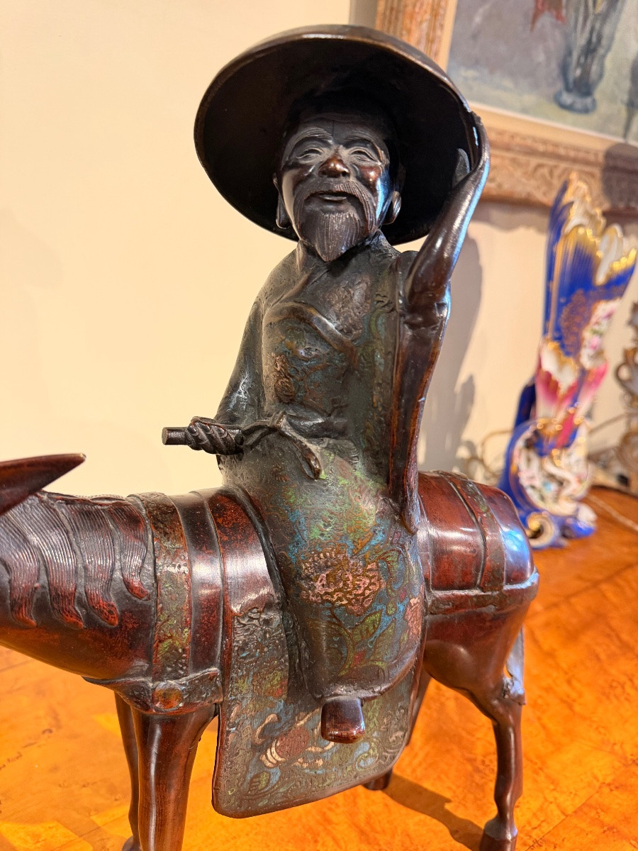 Toba On His Mule Bronze And Cloisonné Enamel Japan Late 19th Century-photo-2
