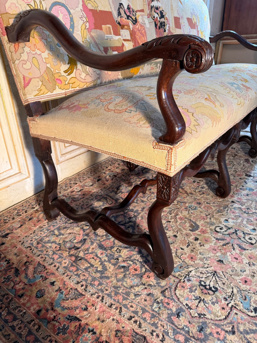 Banquette d époque Louis XIII 17 eme en os de mouton en noyer -photo-4