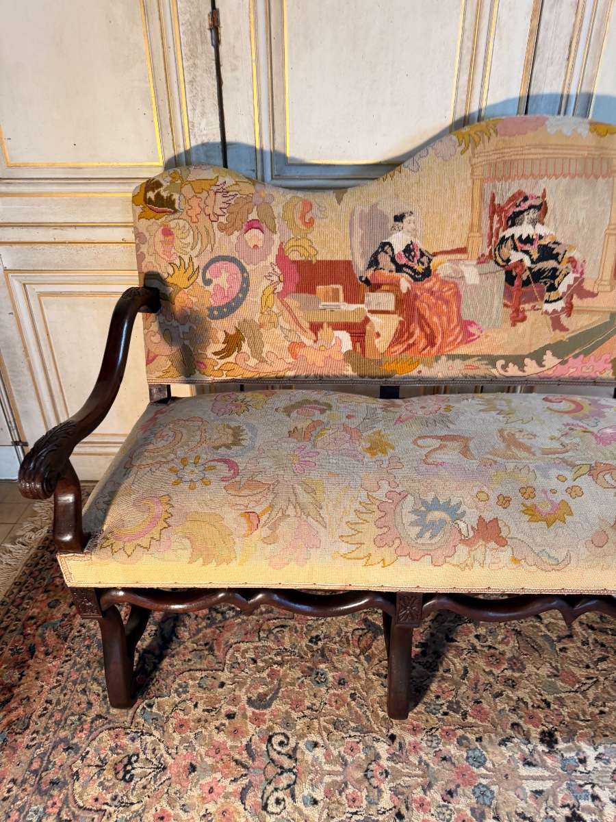 Banquette d époque Louis XIII 17 eme en os de mouton en noyer -photo-2