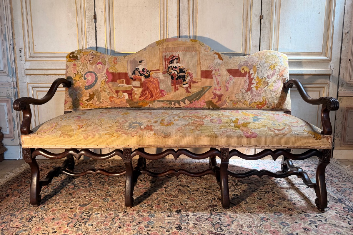 Banquette d époque Louis XIII 17 eme en os de mouton en noyer 