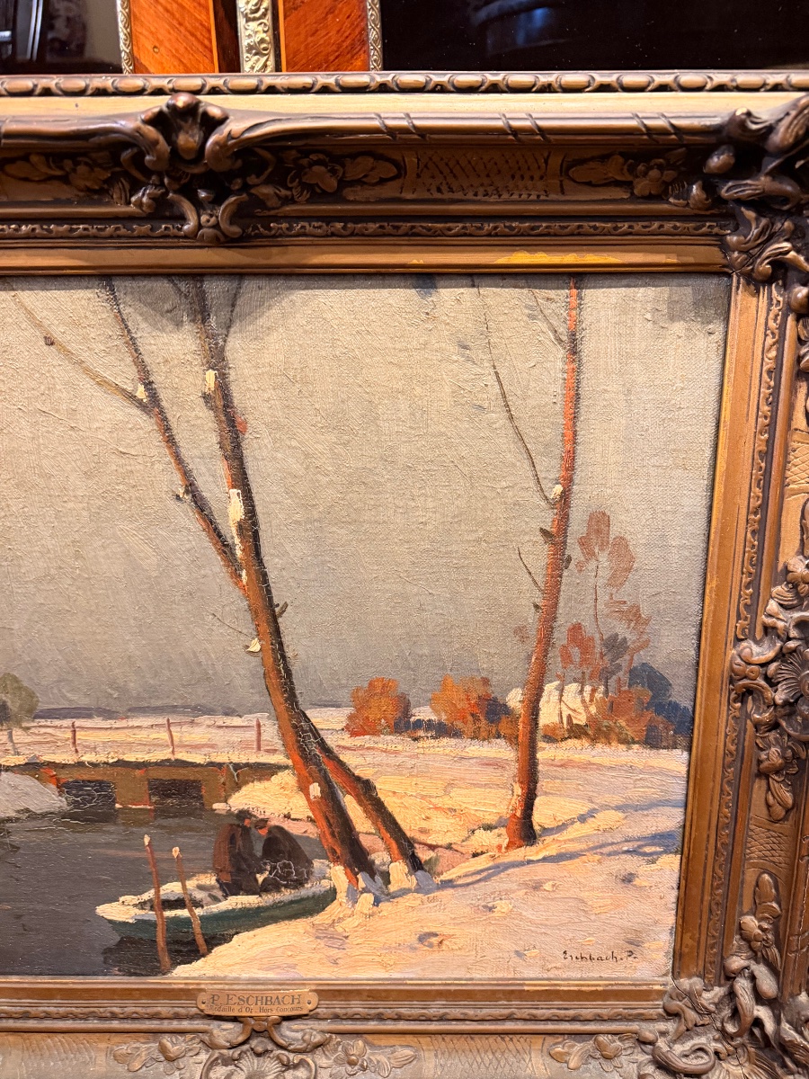 Winter Scene Painting By Paul Eschbach (1881–1961) Hst -photo-2
