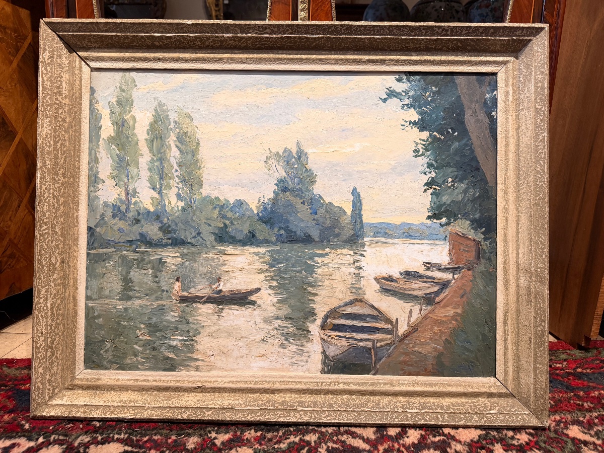 Tableau scène à la barque Christian Couillaud 1904-1964-photo-2