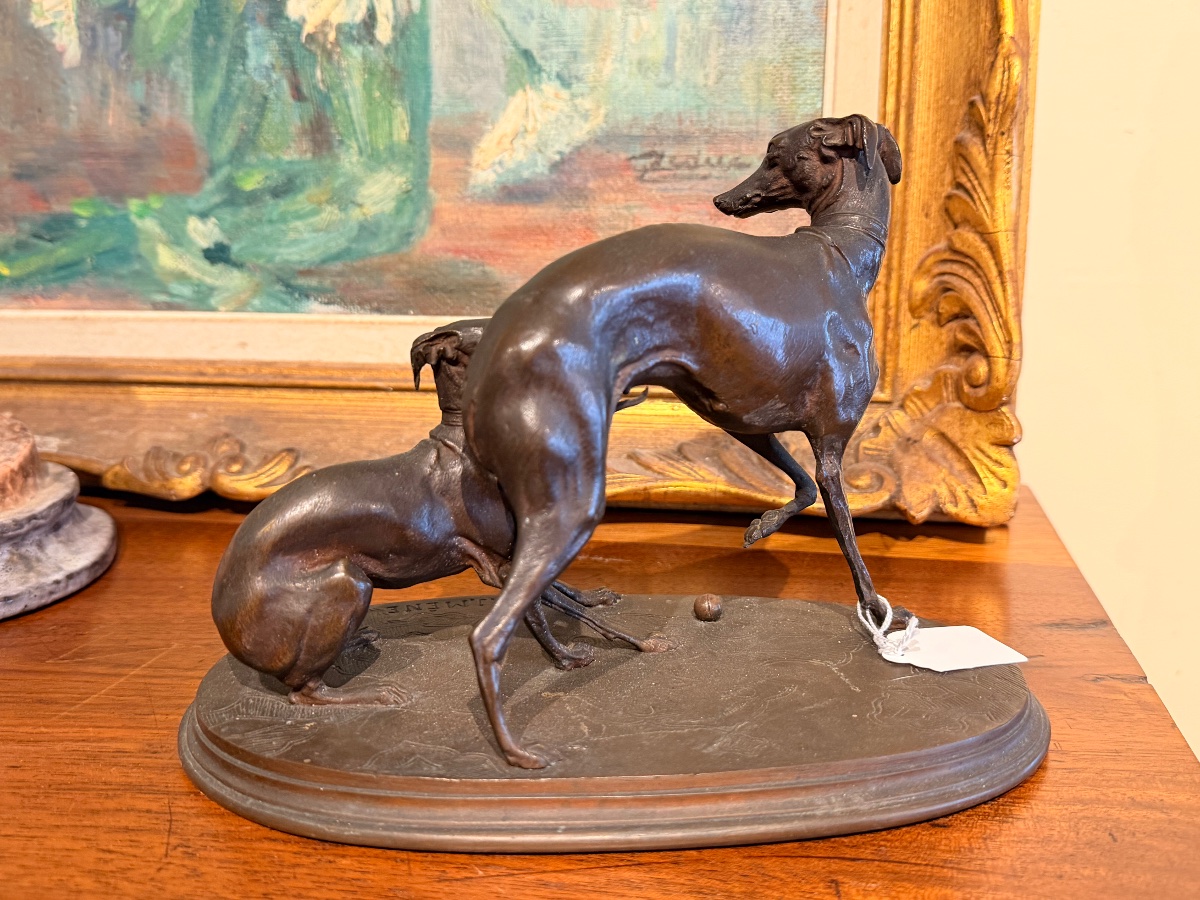 Bronze animalier Pierre-Jules Mêne 1810-1879 levrettes à la balle -photo-2