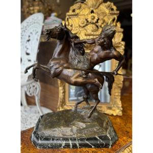 Grand Bronze Guerrier Indien à Cheval Par Charles Lemoine 1839-1943