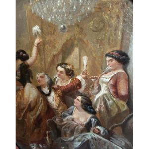 Tableau HST scène l'orgie au champagne 19 ème 