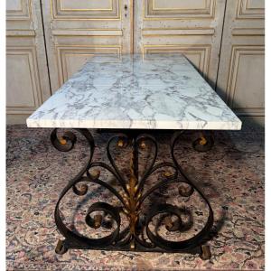 Dining Table With Wrought Iron Base And Marble Top 
