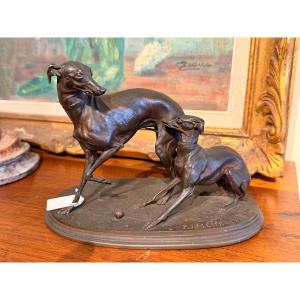 Bronze animalier Pierre-Jules Mêne 1810-1879 levrettes à la balle 