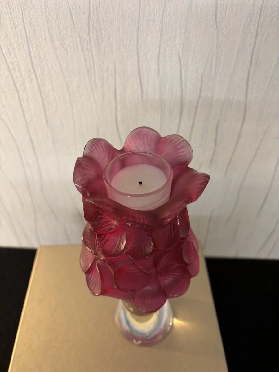 Plumeria Raspberry Tealight Holder In Daum Crystal France-photo-3