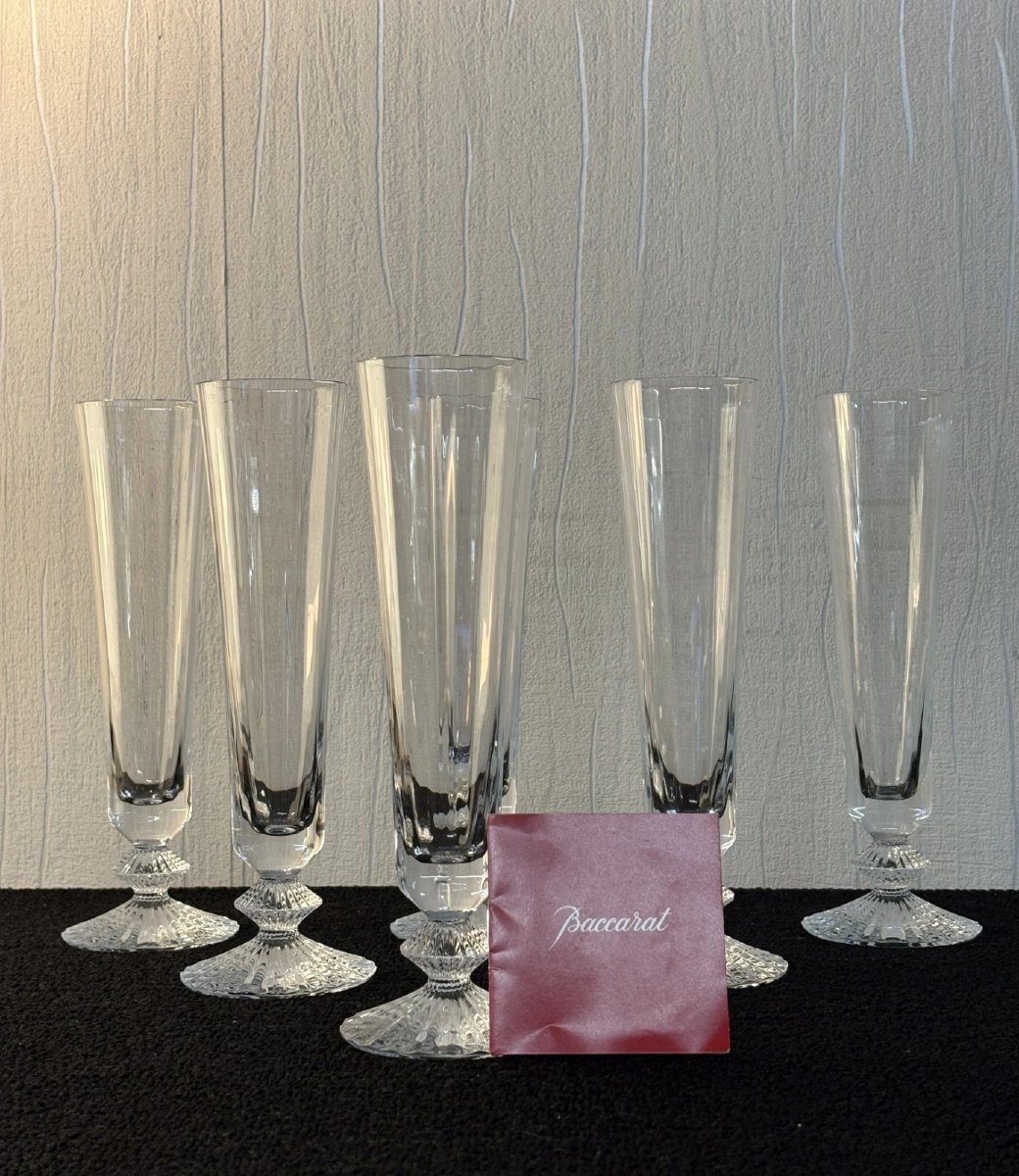 6 Champagne Flutes, Thousand Nights Model, In Baccarat Crystal -photo-1