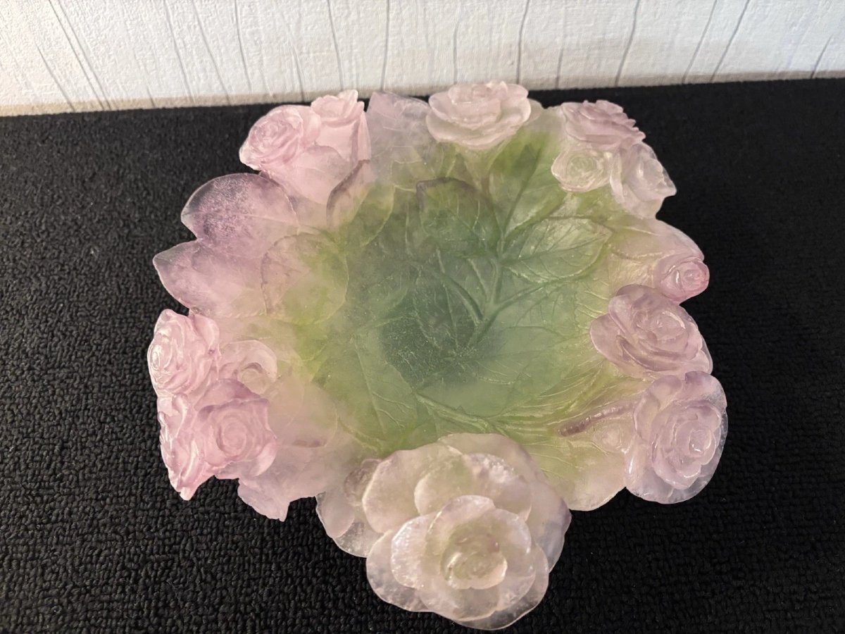 Daum Nancy 2010 Crystal Rose Bowl, Green And Pink-photo-2