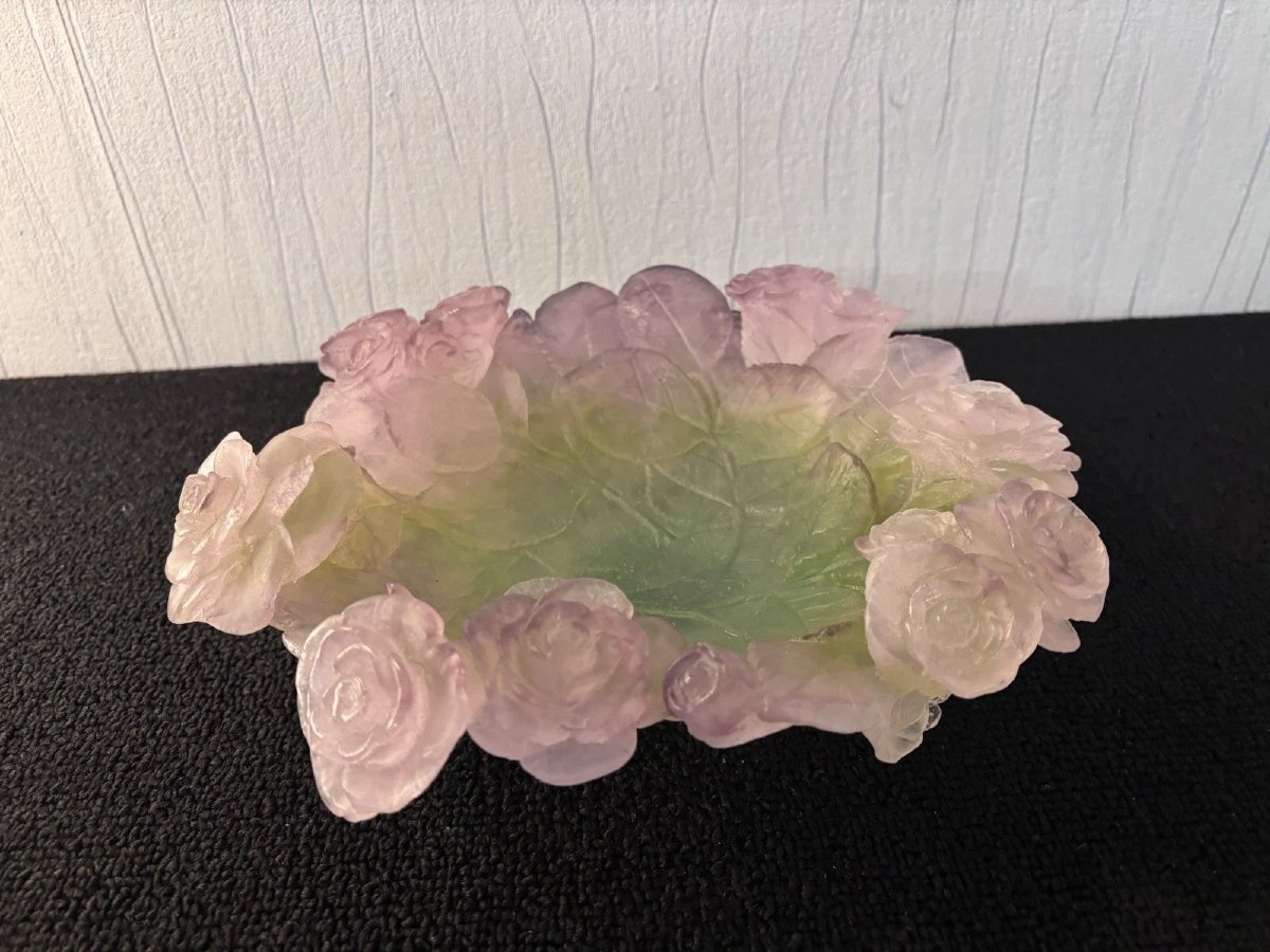 Daum Nancy 2010 Crystal Rose Bowl, Green And Pink-photo-2