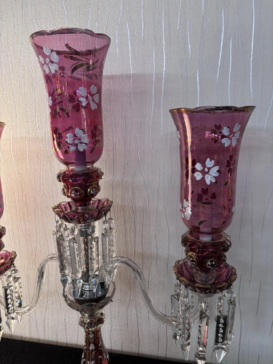 Three-light Candelabra In Red Tint With Crystal Flower Decoration Baccarat-photo-2