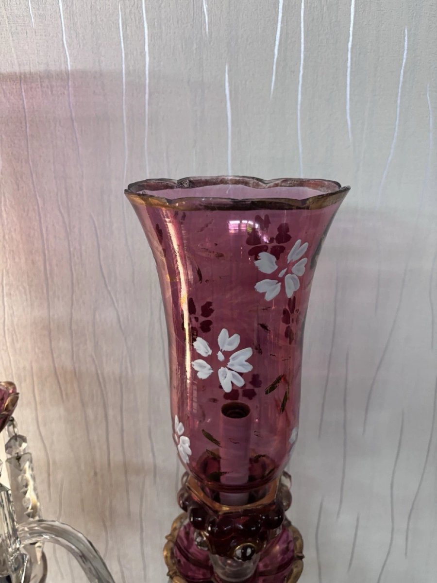 Three-light Candelabra In Red Tint With Crystal Flower Decoration Baccarat-photo-3