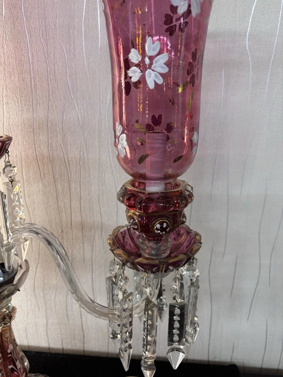 Three-light Candelabra In Red Tint With Crystal Flower Decoration Baccarat-photo-4